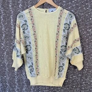 Vintage Bay‎ Point Threads Yellow Floral Knit Sweater 3/4 Sleeve Women's Small